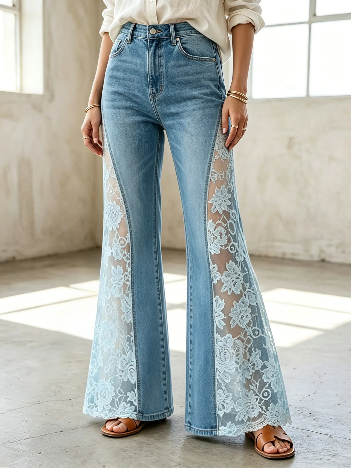 Women's Solid Floral Lace Spliced Denim Flare Pants