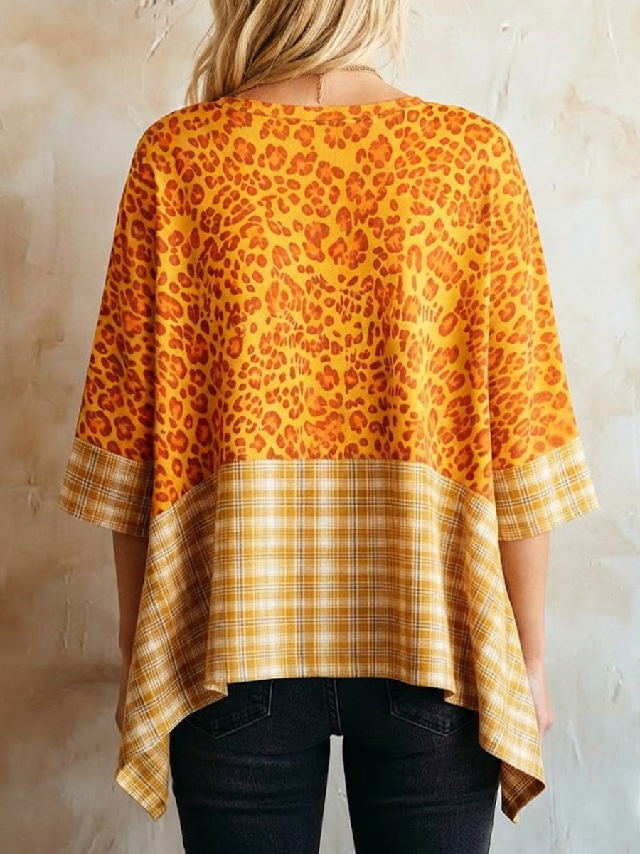 Vintage Country Orange Yellow Leopard Contrast Plaid Splice Round Neck Roll Cuff 3/4 Sleeve Asymmetrical Cover-up Tunic