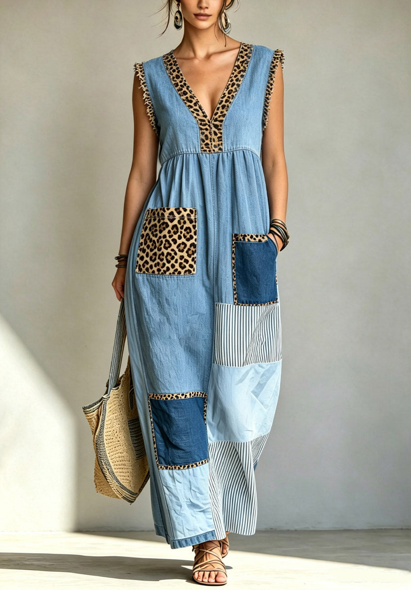 Retro Chic Leopard Denim Patchwork Loose Art Casual Sleeveless Dress
