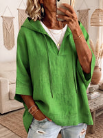 Relaxed Forest Green Hooded Cotton-linen Top