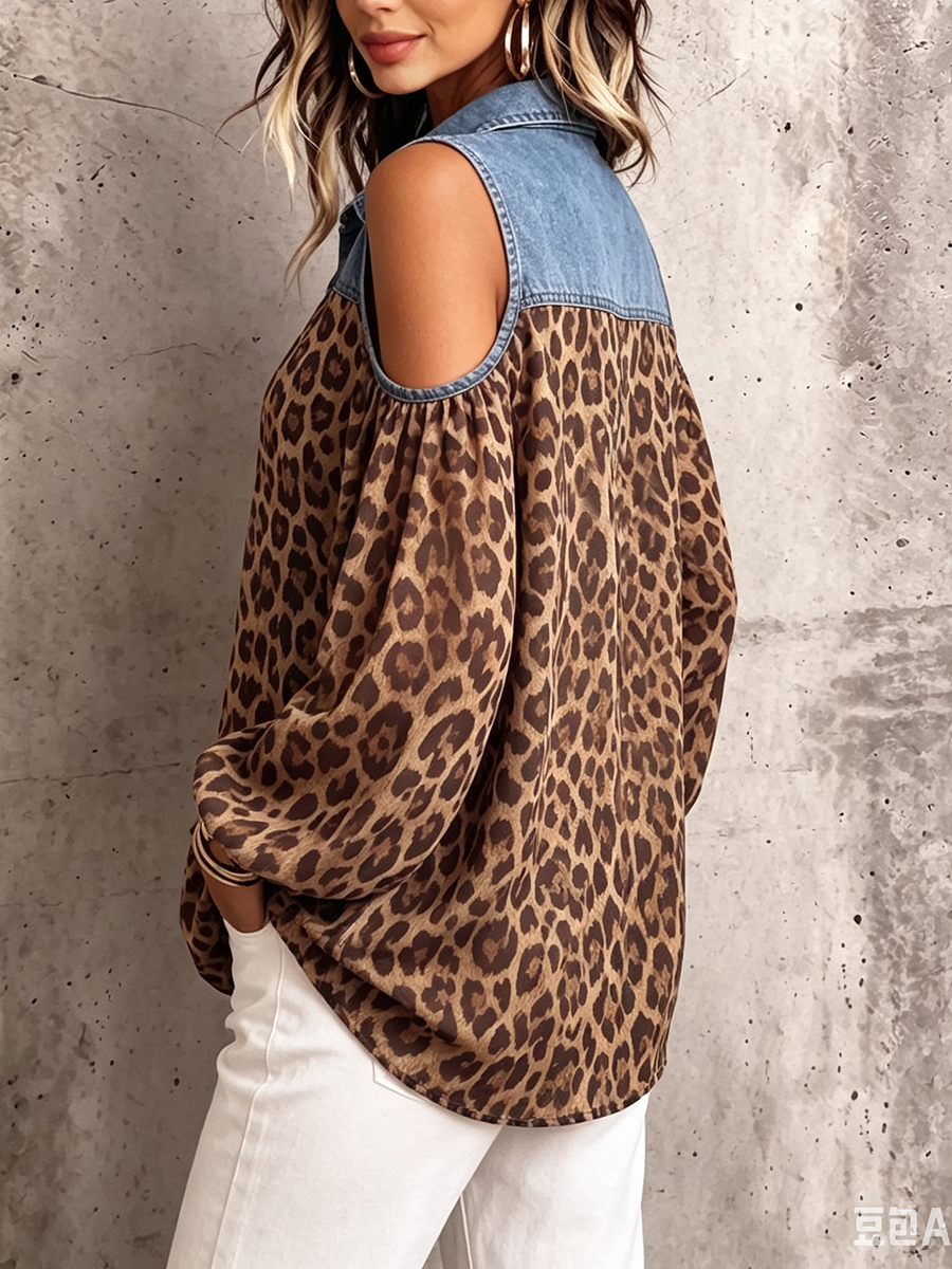 Casual Denim-paneled Leopard Print Chiffon Shirt