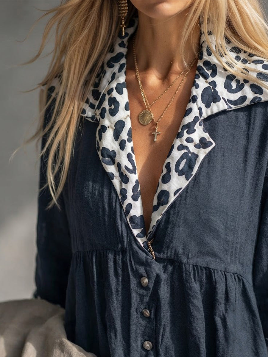 Retro-resort Style Linen Maxi Dress: V-neck, Button-front, High-waisted With Pleats, Featuring Leopard-print Panels On The Collar And Cuffs; Flattering Fit