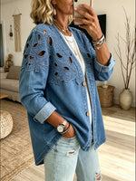Women's Hollow Floral Embroidery Denim V Neck Long Sleeve Cardigan Jacket