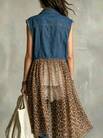 Women’s Denim Sleeveless Vest With Leopard Chiffon Long Hem Patchwork Cardigan