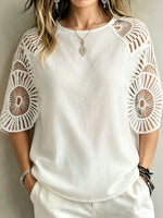 Women’s Circular Hollow Cutwork Lace Raglan Short Sleeve Blouse