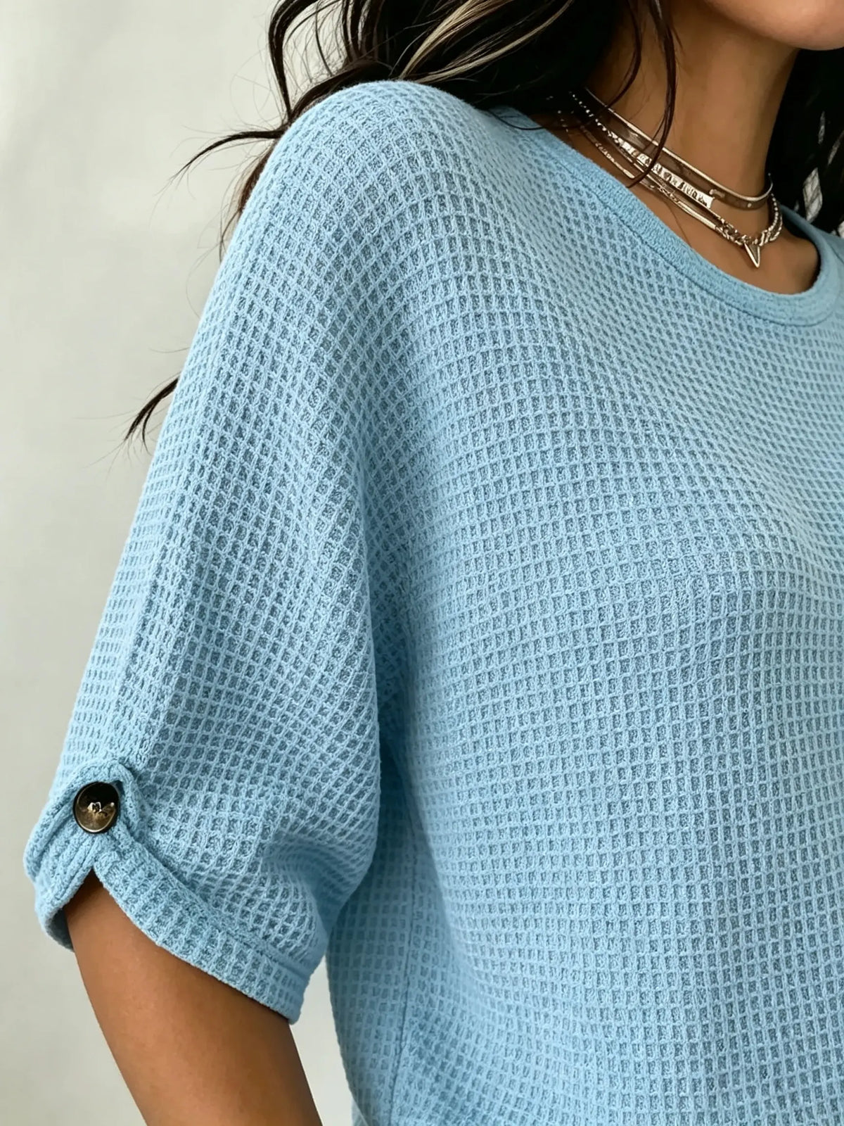 Women's Waffle Knit Button-Sleeve Top