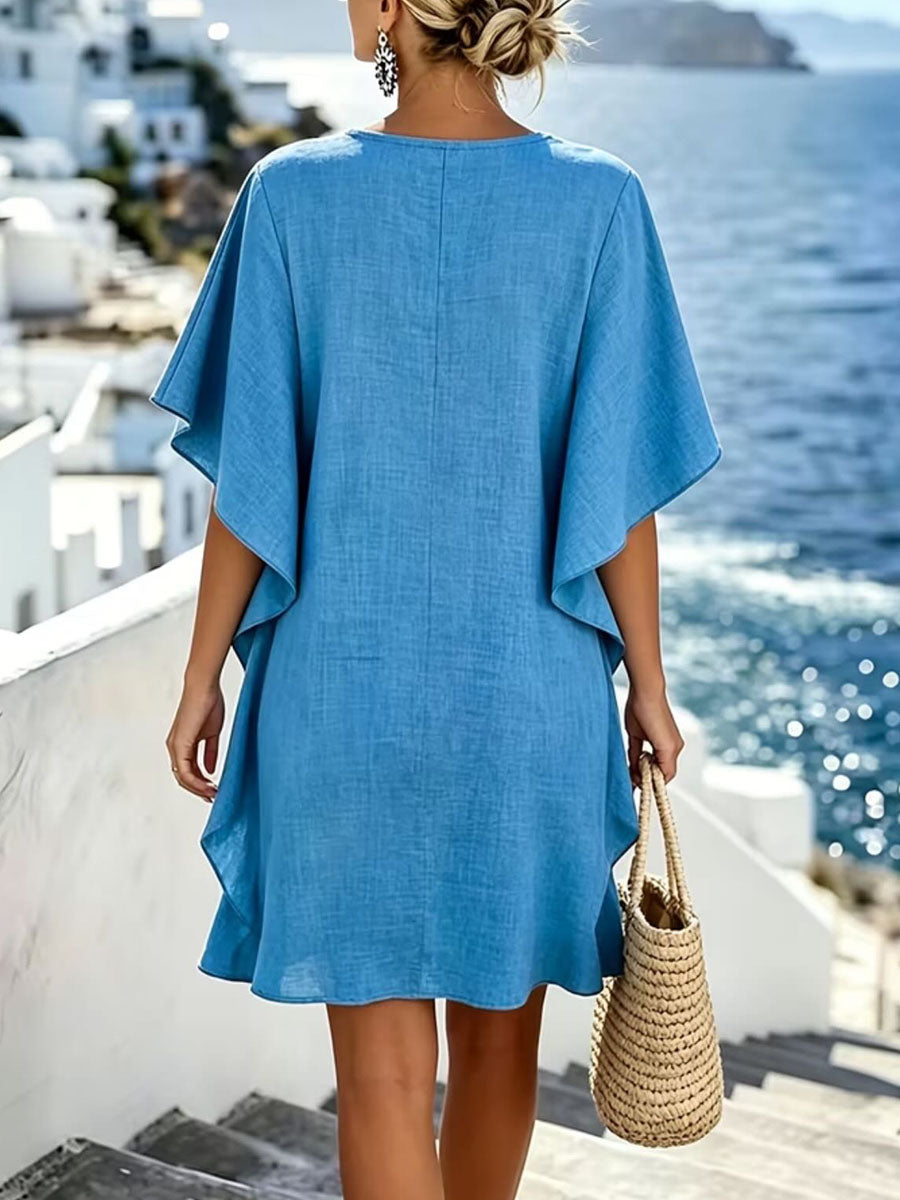 Women's Solid Color V-neck Short-sleeve Casual Loose Cotton-linen Dress