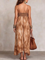 Women's Casual Loose-fit Cotton-linen Camisole Dress With Leopard And Tie-dye Print Paneling
