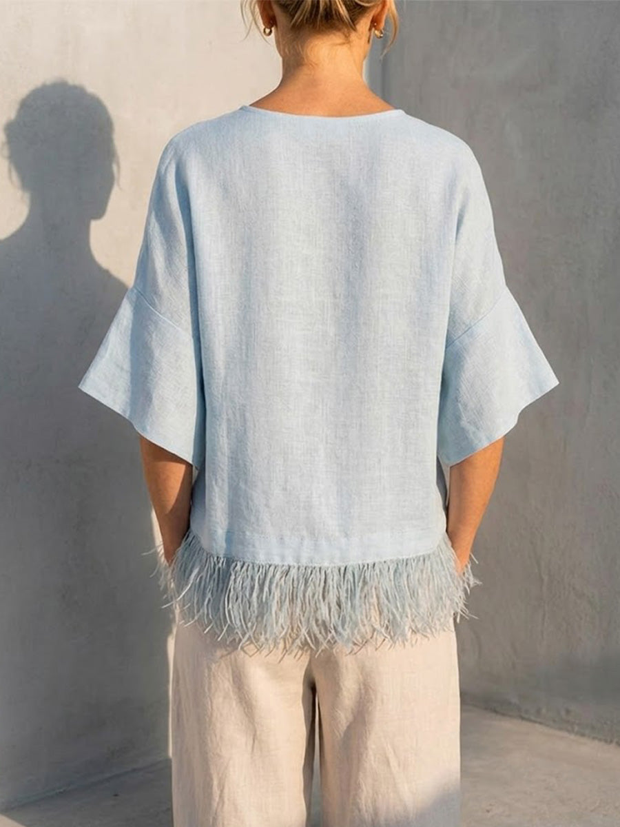 Solid-color Washed Linen Loose-fit Top Featuring A Round Neck, Ruffled Mid-length Sleeves, And A Tassel Hem—designed For A Relaxed, Flattering Fit