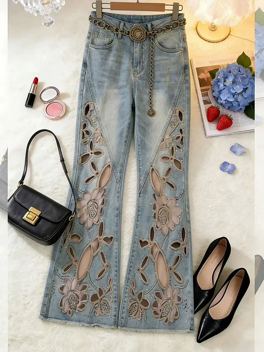 Bohemian Embroidered Rhinestone Flared Jeans