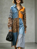 Retro Chic Leopard Denim Patchwork Loose Art Stylish Casual Long Sleeve Midi Dress