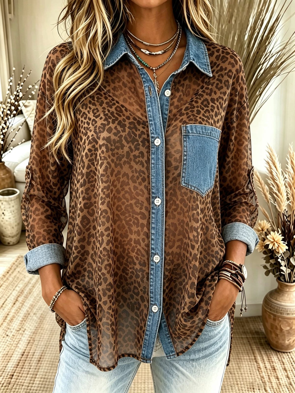 Women's Sheer Leopard Denim Patchwork Shirt