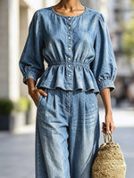 Ruffle Round Neck Button Art Casual Top And Pants Denim Two-piece Set