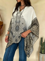 Women Ethnic Geometric Diamond Leopard Patchwork V Neck Irregular Batwing Sleeve Tunic