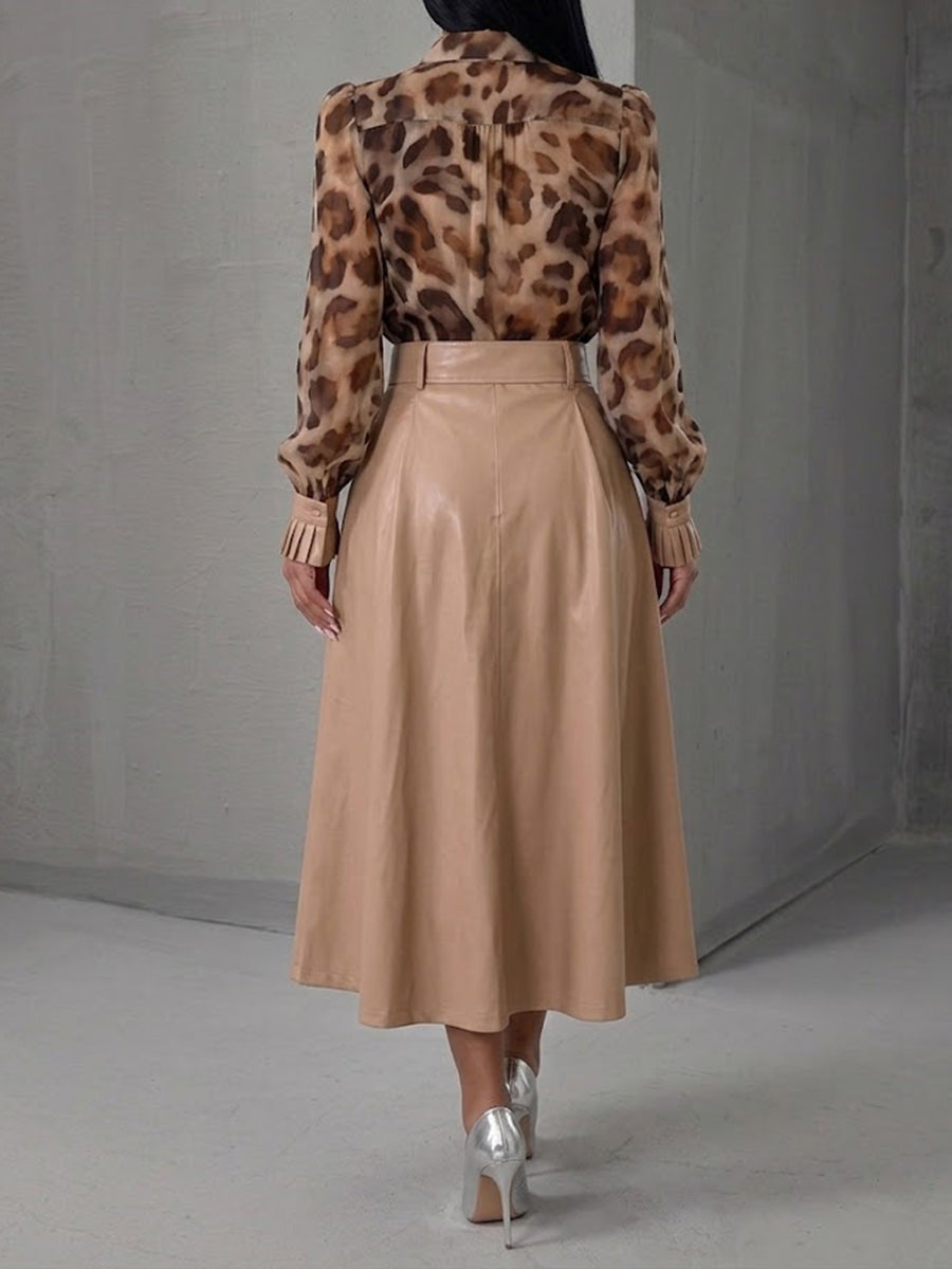 Stylish And Minimalist Eco-leather Midi Skirt With Belt