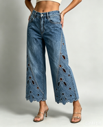 Chic Floral Cutout Cropped Wide-leg Jeans