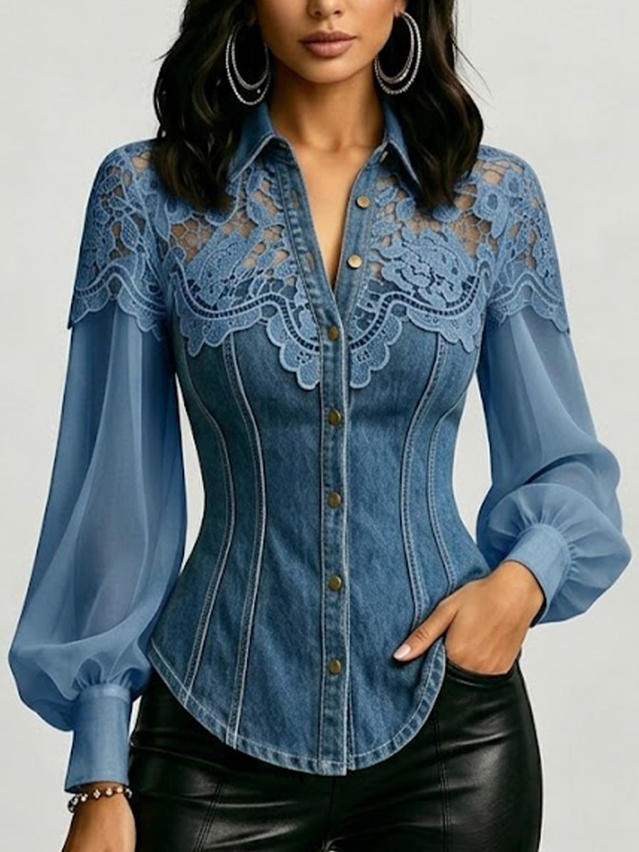 Collared Denim Shirt Featuring Metal Buttons, Wavy Lace Paneling, And Long Puff Sleeves In Chiffon