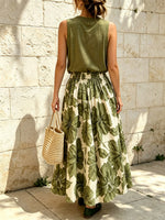 Retro Casual Round Neck Top And Floral Skirt Cotton And Linen Two-piece Set