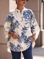 Elegant Floral Print Cotton-linen Shirt With Batwing Sleeves