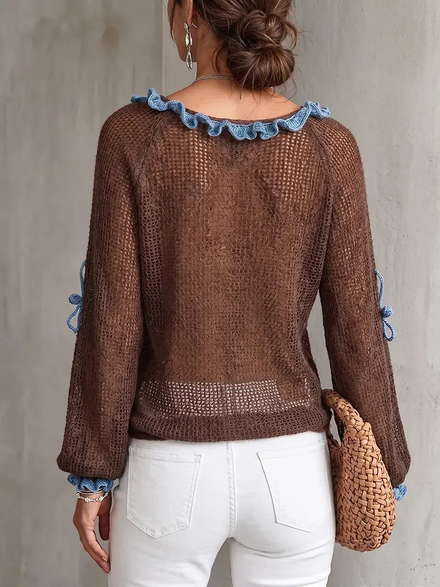 Bohemian Open-Knit Wrap Top with Contrast Ruffles