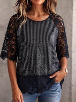 Vintage Elegant Glitter Sequins Patchwork Cut-Out Lace Shirt