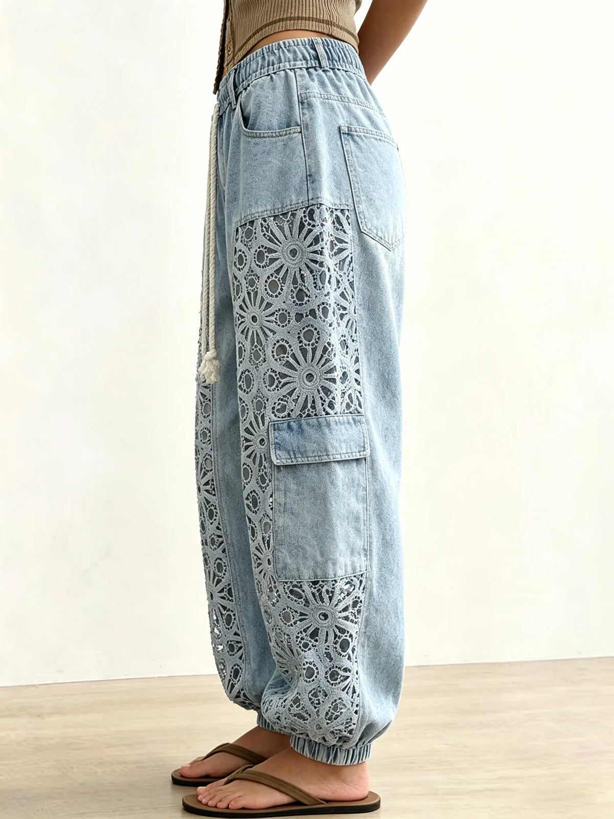 Women's Drawstring Balloon Jeans with Lace Panels