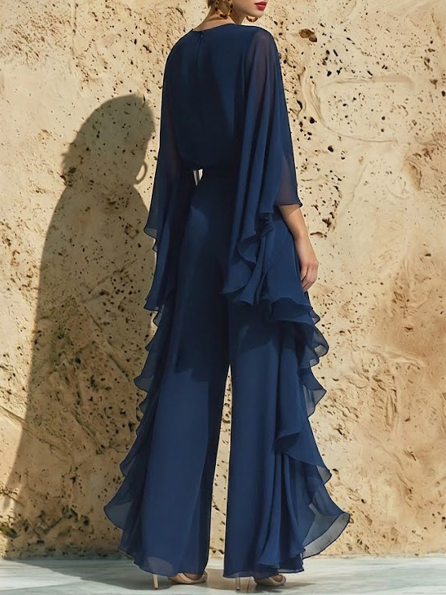 Chiffon Top And Straight-leg Trousers Set With Ruffle Details And Flared Sleeves