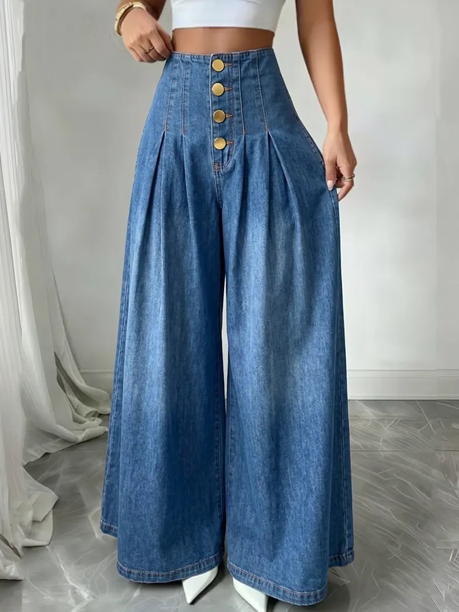 Chic High-Waisted Button-Front Wide-Leg Denim Pants