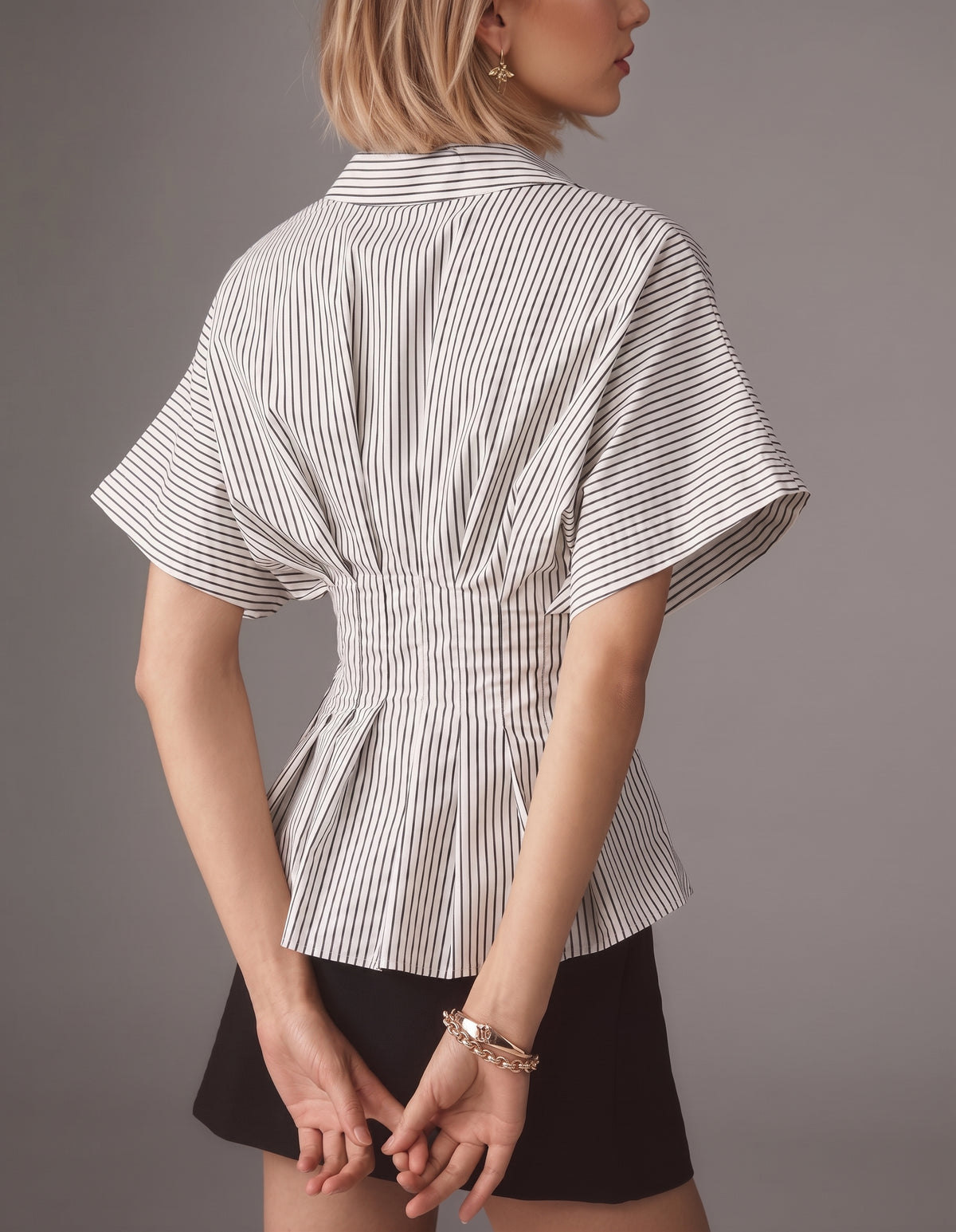 Women's Casual Versatile Striped Pleated Waist Slimming Top