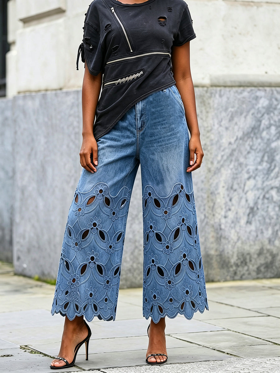 Vintage-style Floral Embroidered Cropped Denim Pants